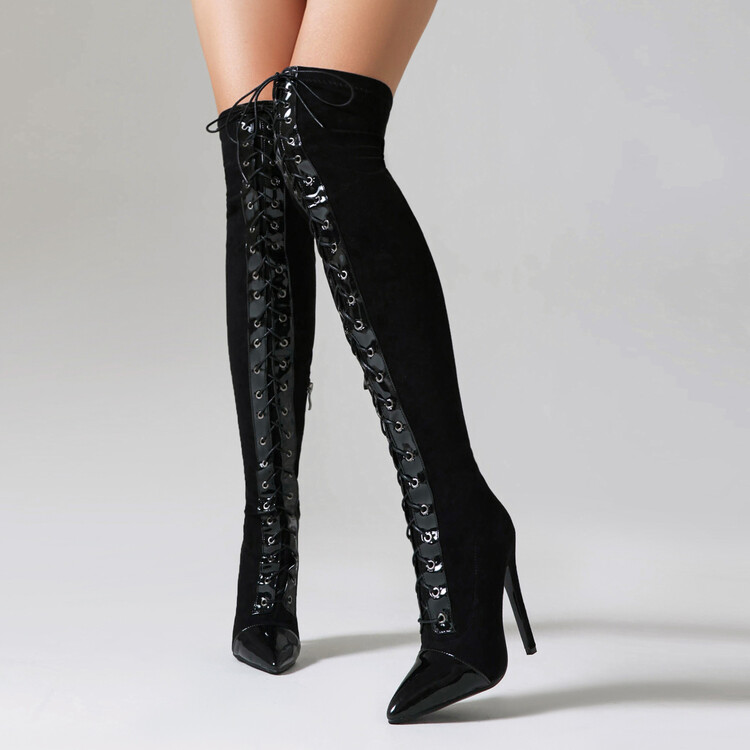 Fashion Over-the-Knee Riding Boots Matte Black High Gloss Black - Image 3