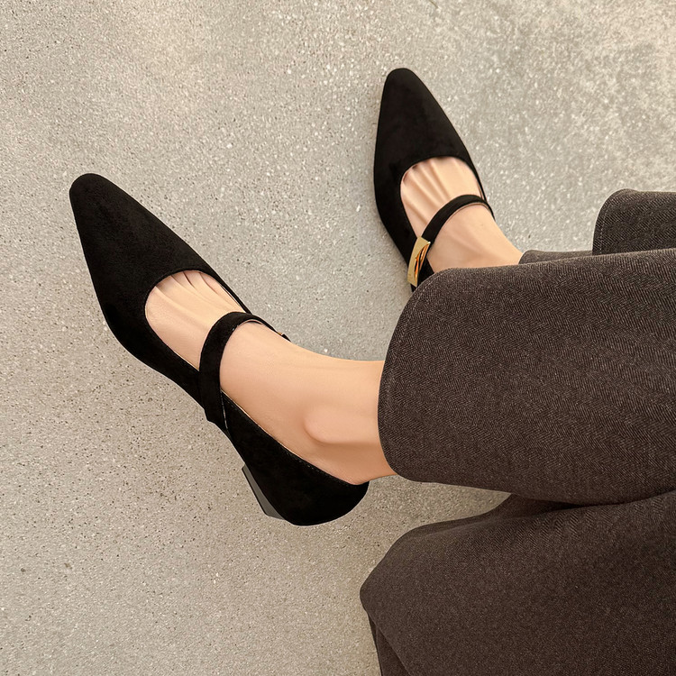 Women's Fashion Flat Shoes Suede Square Toe Buckle Strap Chunky Mid Heel