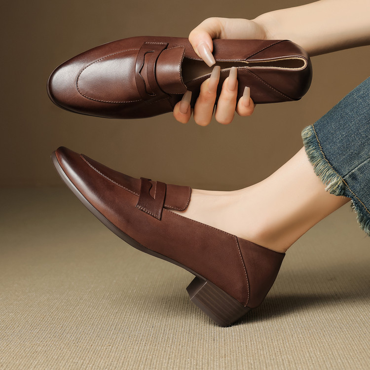 Women's Leather Loafers Retro Chunky Mid Heel Slip-On Shoes - Style m.html