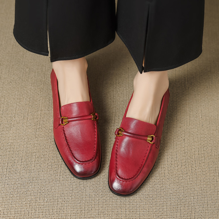 Women's Leather Loafers with Chunky Heel and Metal Accent