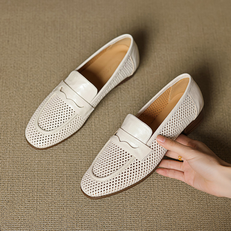 Women's Leather Loafers with Chunky Mid Heel and Cutout Details