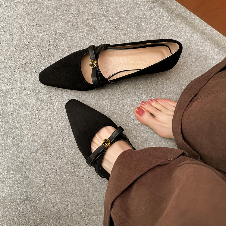 Women's Suede Flat Shoes with Square Toe and Buckle Strap