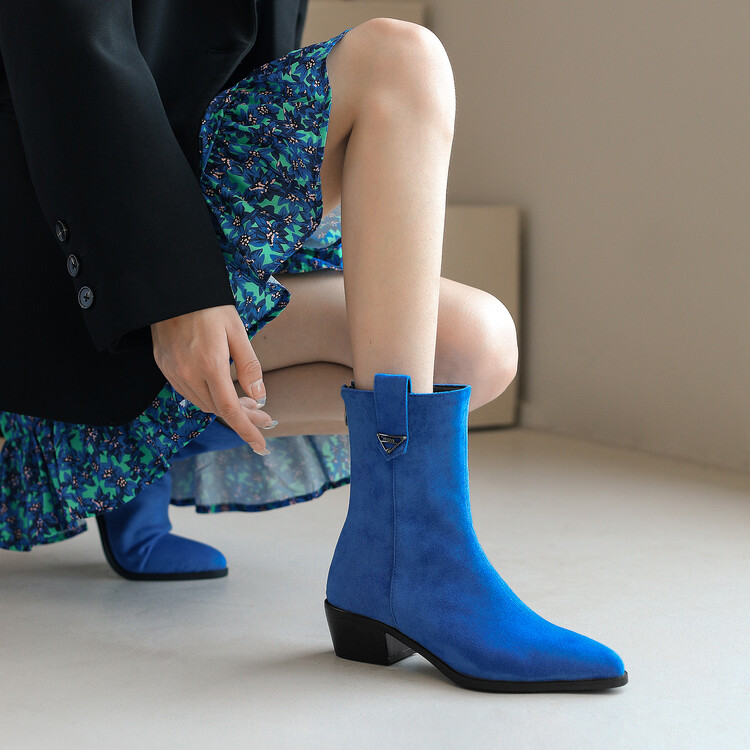 Women's Western Ankle Boots with Mid Square Heel and Pointed Toe